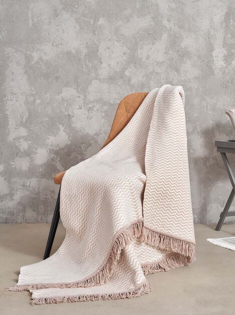 Koc bawełniany 150x200 2149-2 beżowy zygzak z frędzlami
