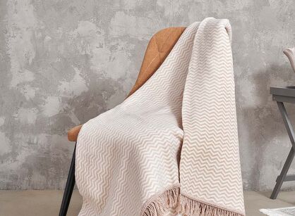 Koc bawełniany 150x200 2149-2 beżowy zygzak z frędzlami