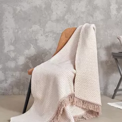 Koc bawełniany 150x200 2149-2 beżowy zygzak z frędzlami