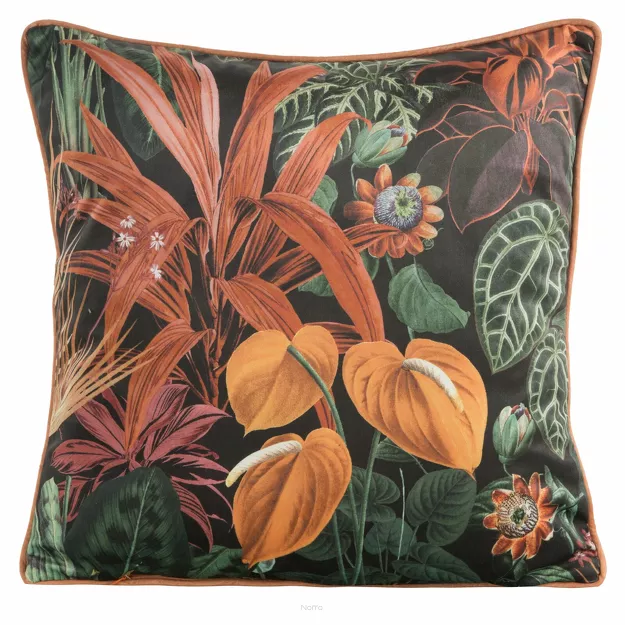 Poszewka welwetowa 45x45 VELVET 104 czarna z wzorem pomarańczowych wyrazistych kwiatów obszyta lamówką