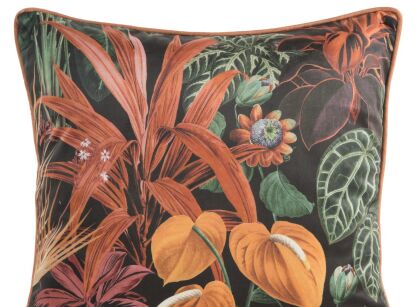 Poszewka welwetowa 45x45 VELVET 104 czarna z wzorem pomarańczowych wyrazistych kwiatów obszyta lamówką