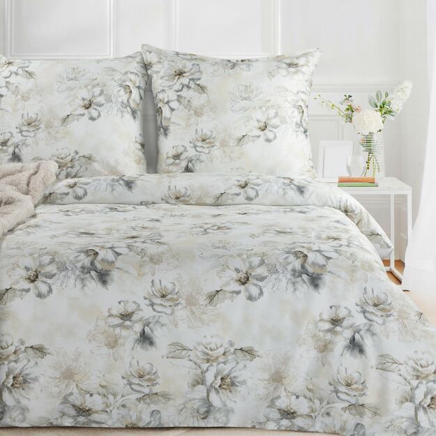 Pościel satynowa 220x200 SPRING 73 jasny beż w jasno szary wzór kwiatów z kolekcji Classic