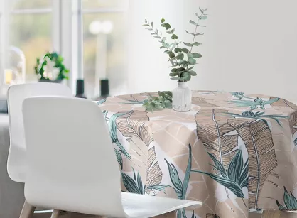 Obrus na taras fi 150 GARDEN 14 miętowy wodoodporny z beżowym wzorem liścia bananowca