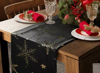 Bieżnik świąteczny 40x140 20A welwetowy czarny w śnieżynki
