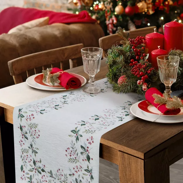 Bieżnik świąteczny 40x100 1313 gobelinowy z szenili naturalny zielony wzór świąteczny