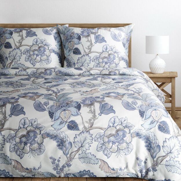 Pościel z makosatyny 160x200 PREMIUM 34 biała jasny niebieski kwiatowy wzór Premium