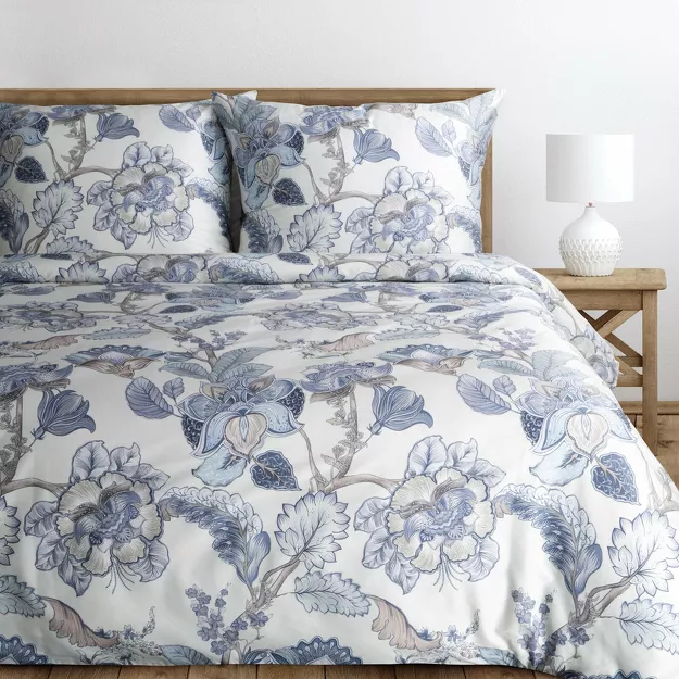 Pościel z makosatyny 160x200 PREMIUM 34 biała jasny niebieski kwiatowy wzór Premium