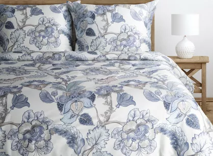 Pościel z makosatyny 160x200 PREMIUM 34 biała jasny niebieski kwiatowy wzór Premium