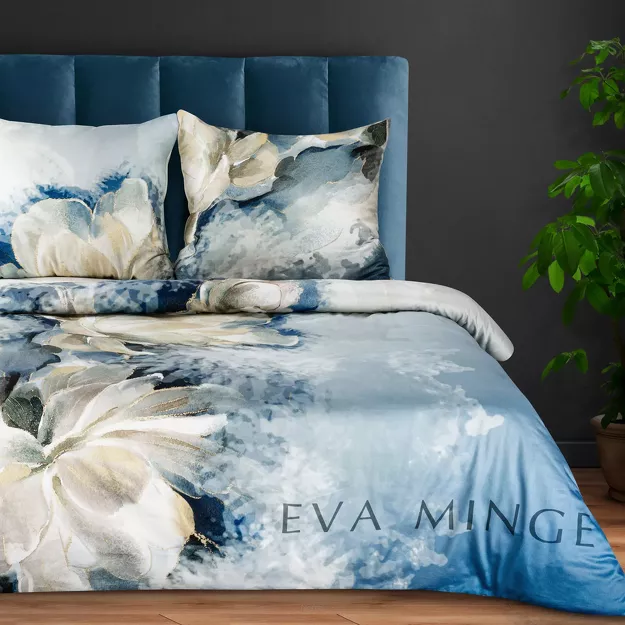 Pościel z makosatyny 160x200 EVA 4 Eva Minge niebieska beżowa wzór kwiatowy Premium
