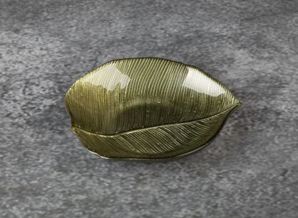 Misa dekoracyjna szklana 15x13x3 ERIKA zielona złota w kształcie liścia