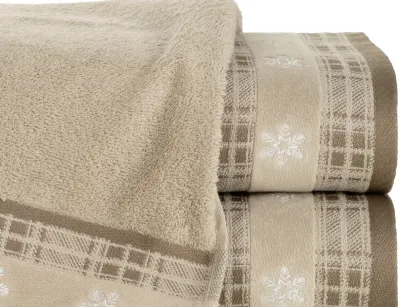 Ręcznik świąteczny 70x140 HOLLY 1 beżowy z żakardową bordiurą z wyhaftowanymi gwiazdkami