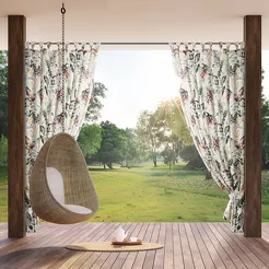 Zasłona na taras 155x240 GARDEN 2 na szelkach zapinanymi na rzepy biała z stalowym wzorem kwiatowym na taras wodoodporna