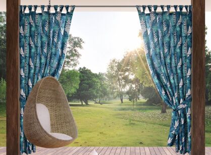Zasłona na taras 155x200 GARDEN 9 turkusowa na szelkach zapinanymi na rzepy wodoodporna z motywem botanicznym
