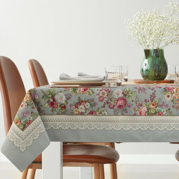 Obrus gobelinowy 140x180 1175 popielaty z wzorem kwiatowym