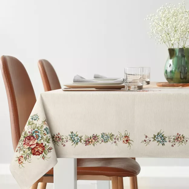 Obrus gobelinowy 140x180 1233 naturalny z wzorem kwiatowym