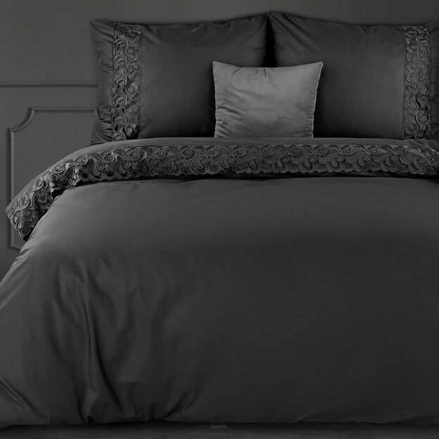 Pościel bawełniana 160x200 LANA 3 czarna zdobiona koronką