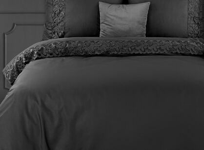 Pościel bawełniana 160x200 LANA 3 czarna zdobiona koronką
