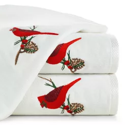 Ręcznik świąteczny 70x140 PINO biały z haftowanym czerwonym wzorem ptaszka