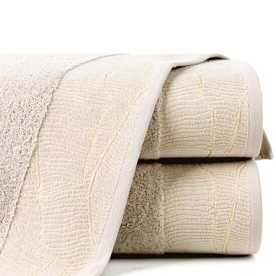 Ręcznik bawełniany 50x90 METALIC beżowy z bordiurą z wzorem liści bananowca i złotą nicią