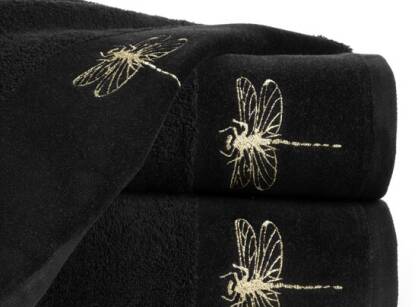 Ręcznik 70x140 LORI 1 czarny z błyszczącym haftem w kształcie ważki na szenilowej bordiurze