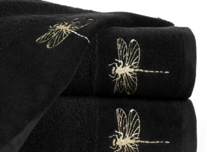 Ręcznik 50x90 LORI 1 czarny z błyszczącym haftem w kształcie ważki na szenilowej bordiurze