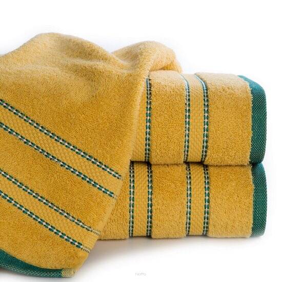 Ręcznik bawełniany 70x140 KRISTI musztardowy z żakardową bordiurą w pasy