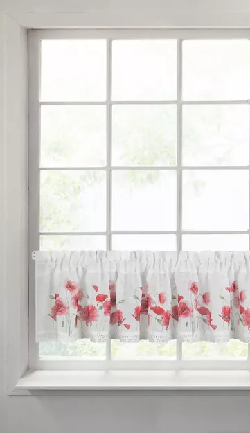 Zazdrostka gotowa w tunelu 150x30 MARI biała z etaminy z wzorem czerwonych maków i bawełnianą koronką