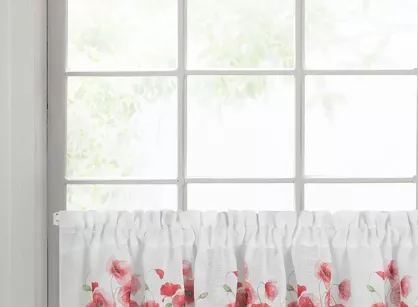 Zazdrostka gotowa w tunelu 150x30 MARI biała z etaminy z wzorem czerwonych maków i bawełnianą koronką