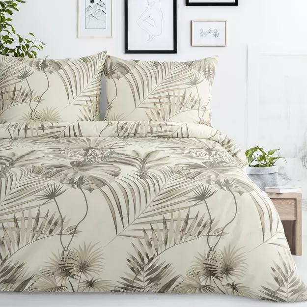 Pościel bawełniana 160x200 NINA beżowa z wzorem efektownych liści z kolekcji Classic