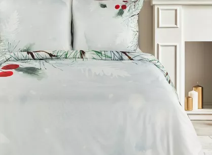 Pościel świąteczna 140x200 ROBIN jasny szary zielona panelowy nadruk z mikrowłókna