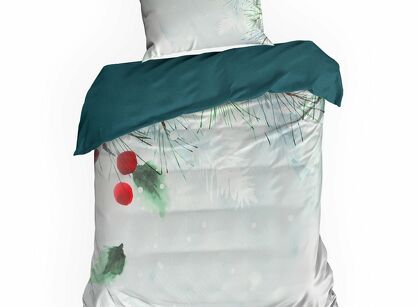 Pościel świąteczna 140x200 ROBIN jasny szary zielona panelowy nadruk z mikrowłókna
