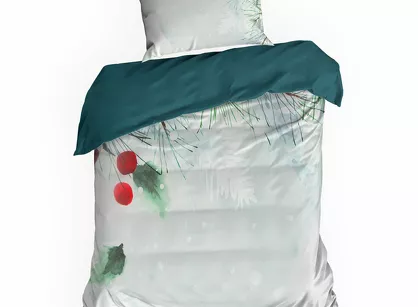 Pościel świąteczna 140x200 ROBIN jasny szary zielona panelowy nadruk z mikrowłókna