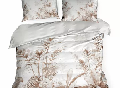 Pościel z satyny 160x200 PREMIUM 25 biała z wzorem egzotycznych brązowych liści z kolekcji Premium