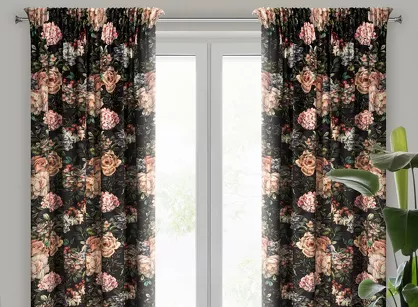 Zasłona na taśmie 140x270 RUBENS welwetowa czarna w pudrowy wzór różany