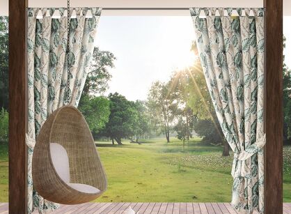 Zasłona na taras 155x220 GARDEN 7 beżowa miętowa na szelkach zapinanymi na rzepy wodoodporna z motywem liści monstery