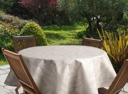 Obrus na taras fi 150 GARDEN 11 beżowy wodoodporny subtelny wzór białych liści