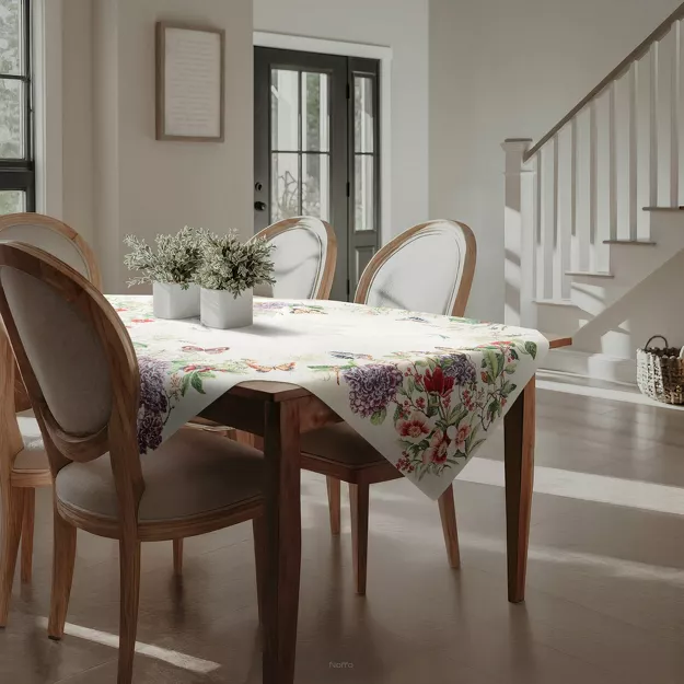 Nakładka gobelinowa 100x100 SPRING naturalna czerwona z nadrukiem letnich kwiatów i motyli