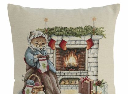 Poszewka świąteczna 45x45 6136 gobelinowa naturalna z wzorem świąt