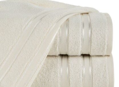Ręcznik bawełniany 70x140 MANOLA kremowy z żakardową połyskującą bordiurą w paski
