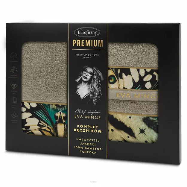 Komplet ręczników EVA 15 Eva Minge beżowe z designerskim wzorem w motyle z kolekcji Premium
