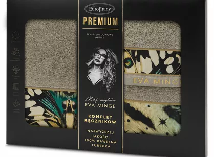 Komplet ręczników EVA 15 Eva Minge beżowe z designerskim wzorem w motyle z kolekcji Premium