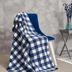 Koc bawełniany 150x200 2146-1 biały granatowy piknikowy klasyk wykończony szydełkiem