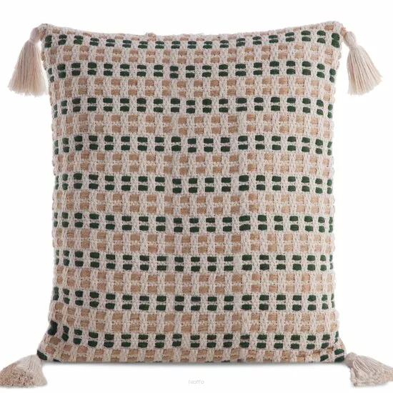 Poszewka płócienna 45x45 BOHO 9C kremowa zielona z ozdobnymi chwostami
