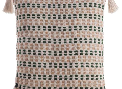 Poszewka płócienna 45x45 BOHO 9C kremowa zielona z ozdobnymi chwostami