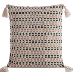 Poszewka płócienna 45x45 BOHO 9C kremowa zielona z ozdobnymi chwostami