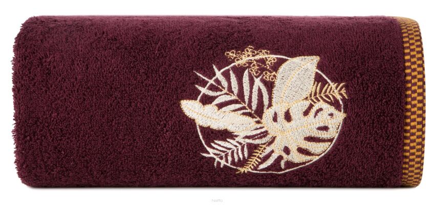 Ręcznik bawełniany 70x140 PALMS bordowy z wyhaftowanym złotym wzorem egzotycznych liści