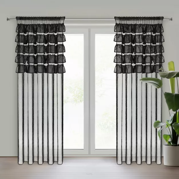 Firana na taśmie 140x270 AURA czarna z etaminy zdobiona w górnej części falbanami