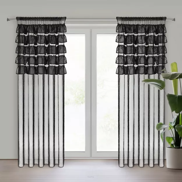 Firana na taśmie 140x270 AURA czarna z etaminy zdobiona w górnej części falbanami