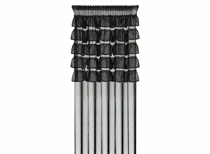 Firana na taśmie 140x270 AURA czarna z etaminy zdobiona w górnej części falbanami