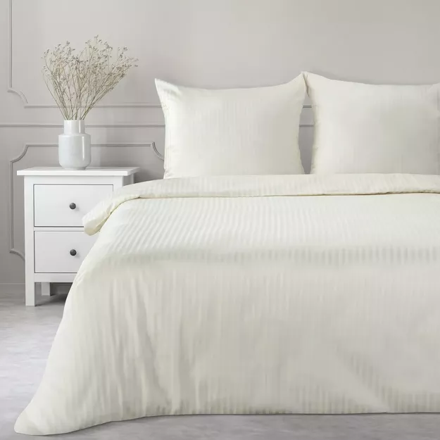 Pościel satynowa 140x200 VERA jednokolorowa gładka kremowa w prążki